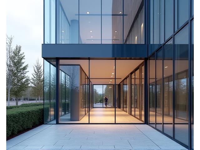 Indgang til nyt moderne kontorbyggeri med glasfacade