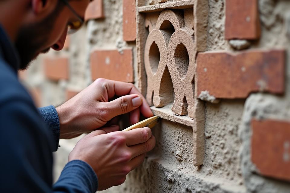Detaljeret restaureringsarbejde på en facade af en historisk bygning
