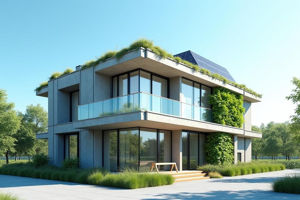 Moderne bygning med grønt tag og solpaneler